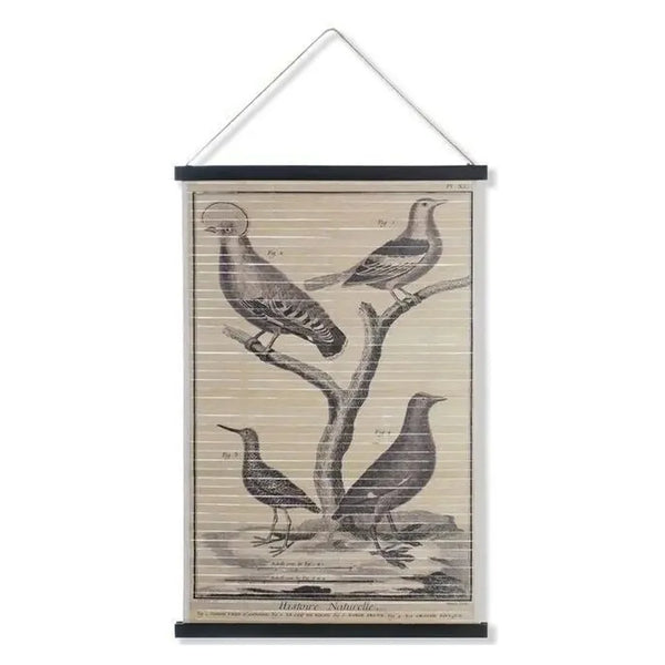Cartel de tablas de madera Pájaros Modelo 3 con cuatro aves de estilo vintage y cuerda para colgar