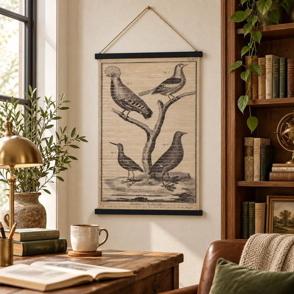 Cartel de pájaros vintage de 60 x 90 cm decorando una pared de despacho con muebles de madera