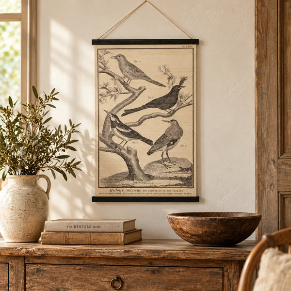 Cartel vintage de pájaros Modelo 4 decorando una pared sobre aparador de madera