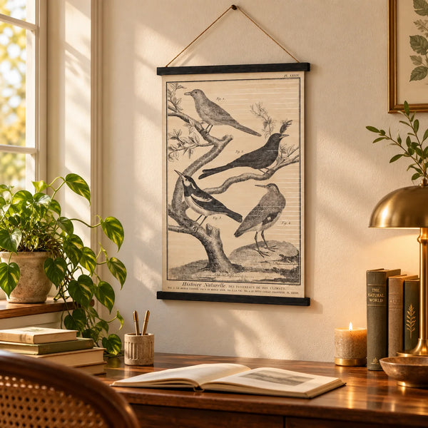 Cartel decorativo de pájaros de 60 x 90 cm en un escritorio de estilo clásico y vintage