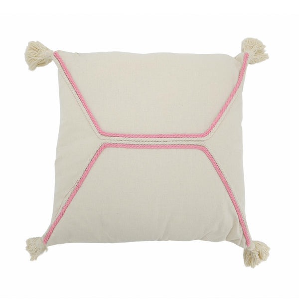 Cojín beige con ribete rosa y borlas decorativo