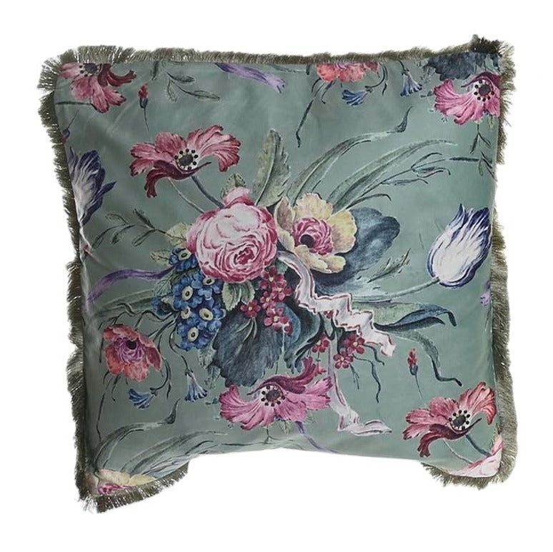 cojín de poliéster efecto terciopelo con flores y flecos verdes