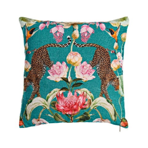 cojín de algodón efecto terciopelo con estampado tropical