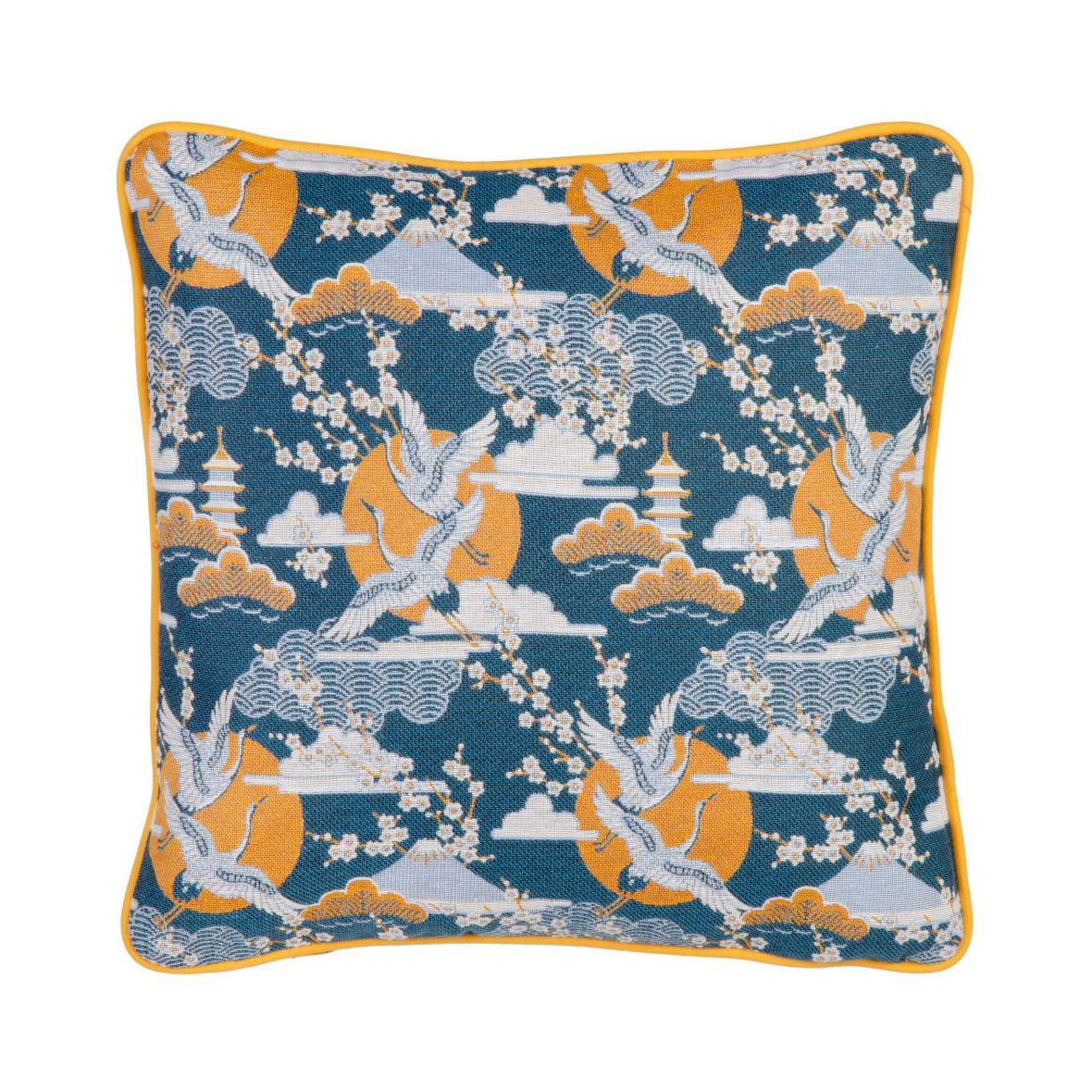 Cojín oriental garzas amarillo y azul
