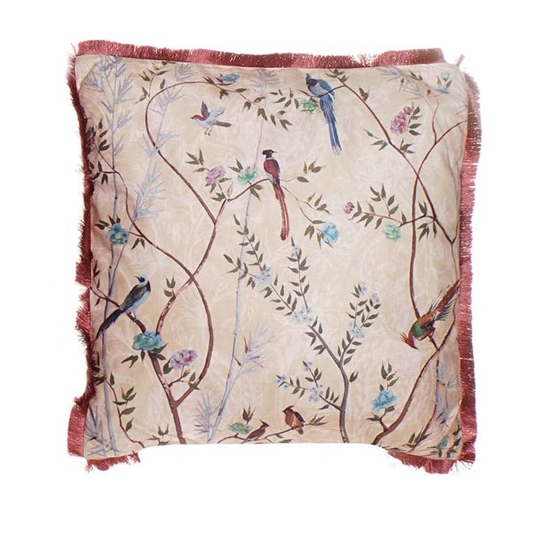 cojín de poliéster efecto terciopelo con pájaros y fondo beige