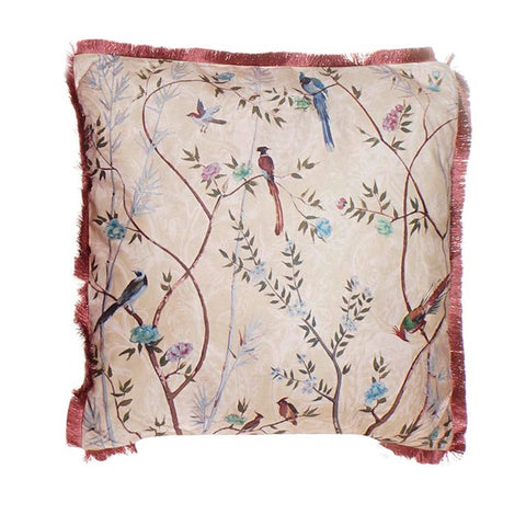 cojín de poliéster efecto terciopelo con pájaros y fondo beige