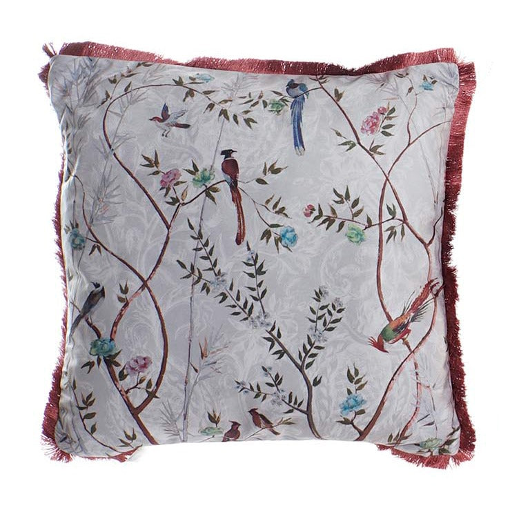 cojín de poliéster efecto terciopelo con pájaros y flecos burdeos