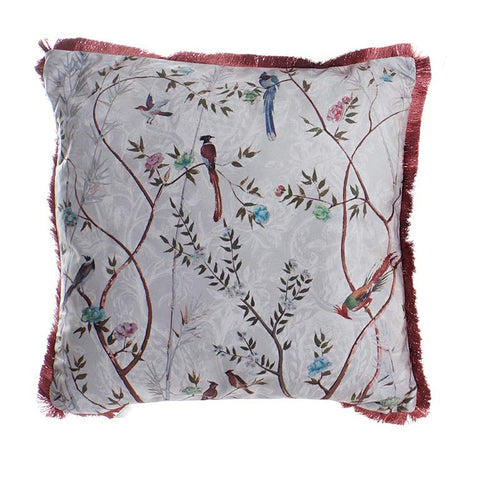 cojín de poliéster efecto terciopelo con pájaros y flecos burdeos