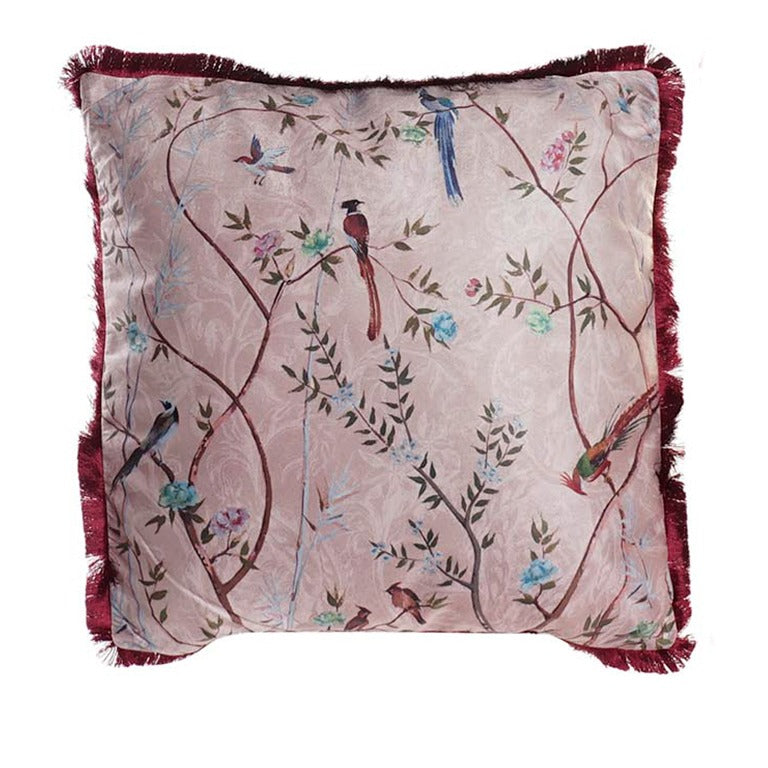 cojín de poliéster efecto terciopelo con pájaros y flecos burdeos