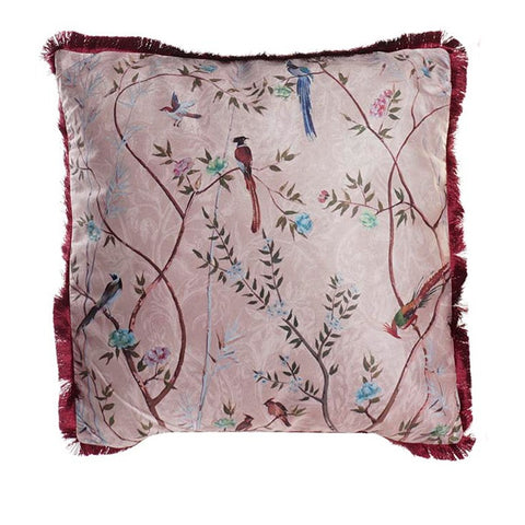 cojín de poliéster efecto terciopelo con pájaros y flecos burdeos
