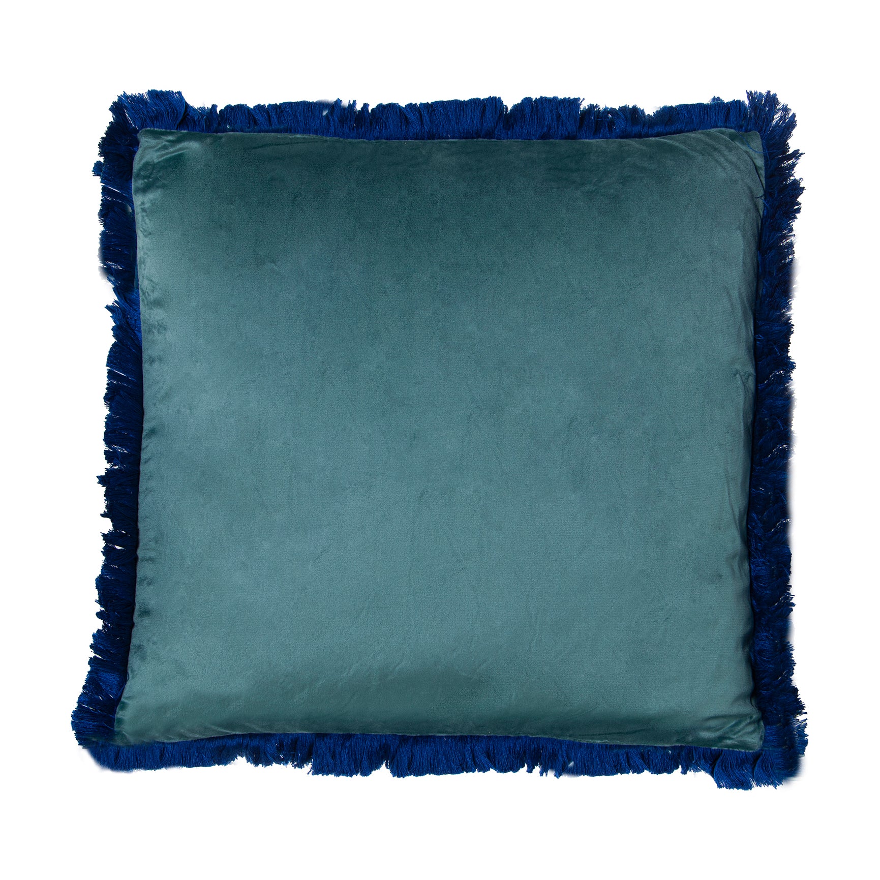 cojín cuadrado de poliéster efecto terciopelo azul con flecos