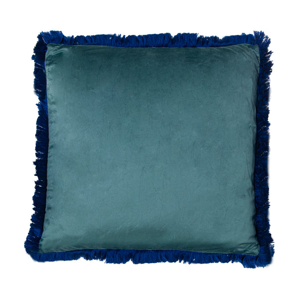 cojín cuadrado de poliéster efecto terciopelo azul con flecos