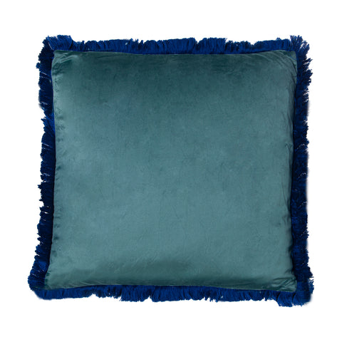 cojín cuadrado de poliéster efecto terciopelo azul con flecos