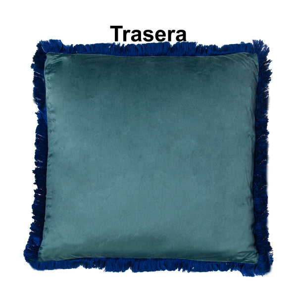 cojín decorativo azul petróleo con flecos azul marino