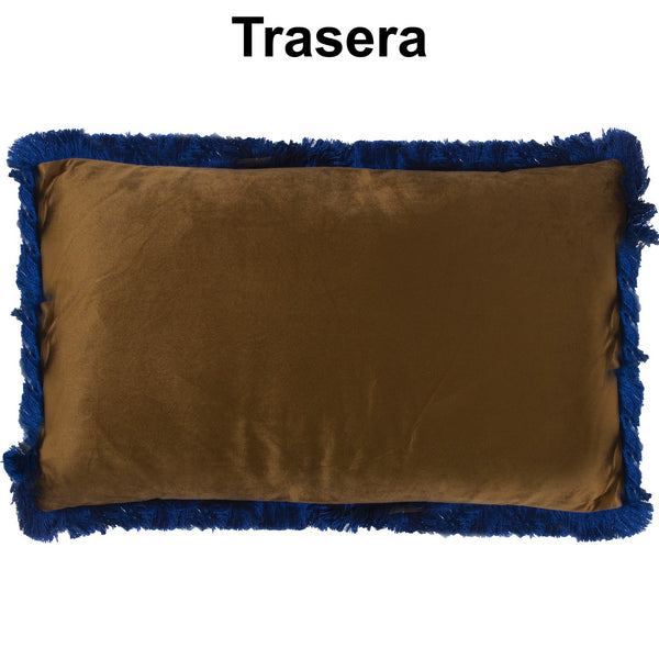 Parte trasera de cojín dorado con flecos azules
