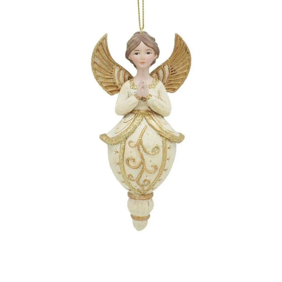 colgante navideño de ángel dorado con vestido ornamentado