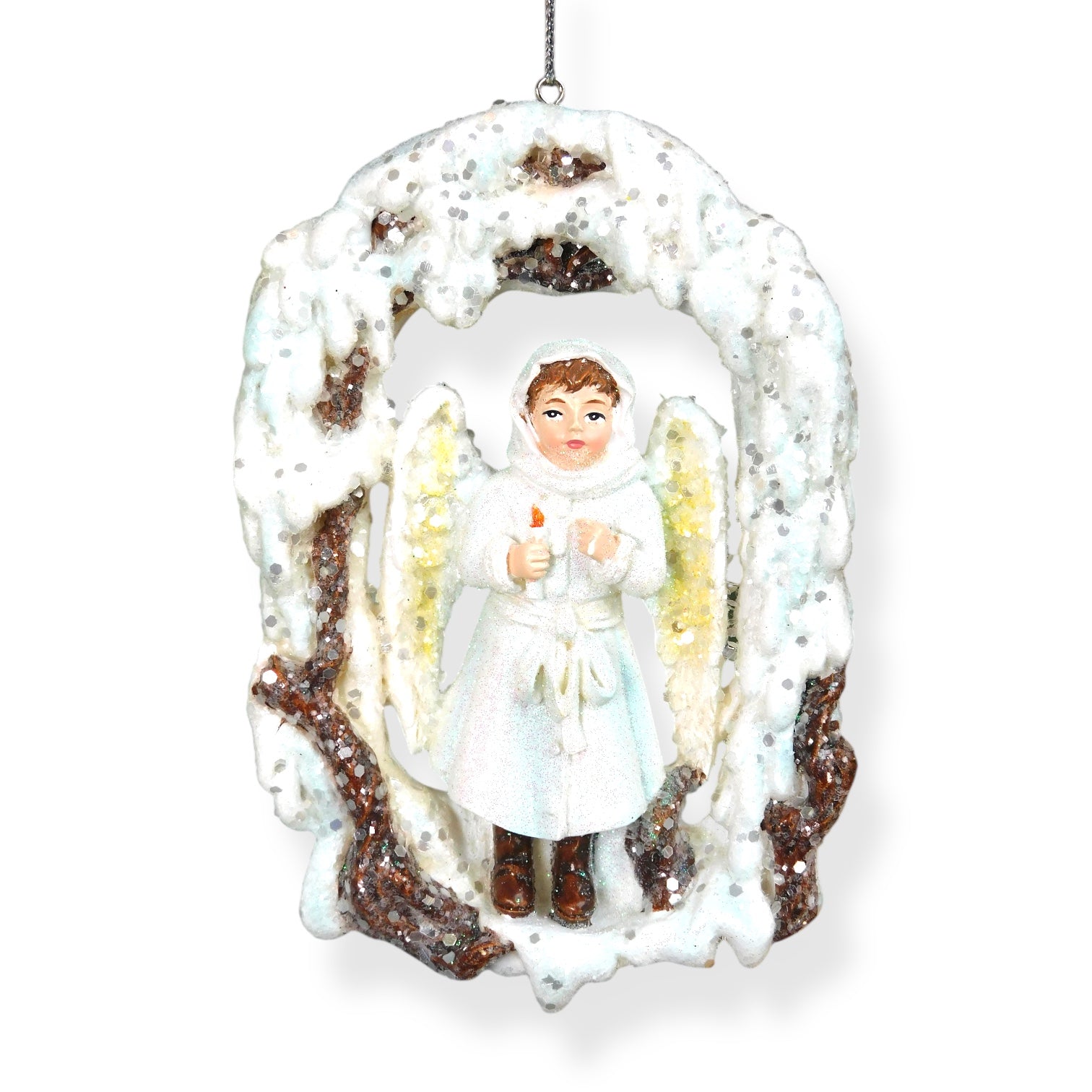 adorno navideño ángel con vela y marco nevado