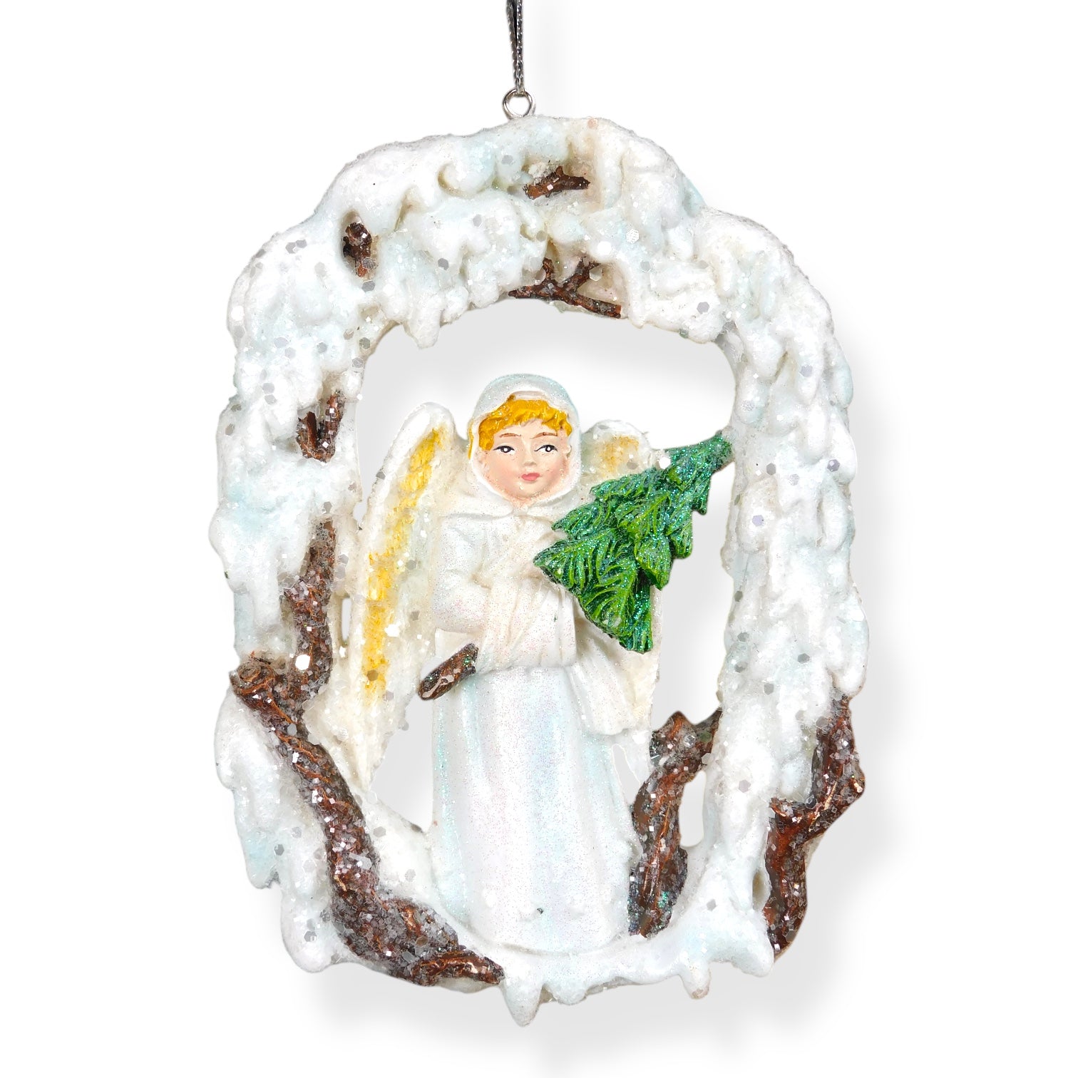 adorno navideño ángel con abeto y marco nevado