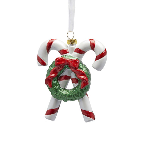 adorno navideño con bastones de caramelo y corona verde