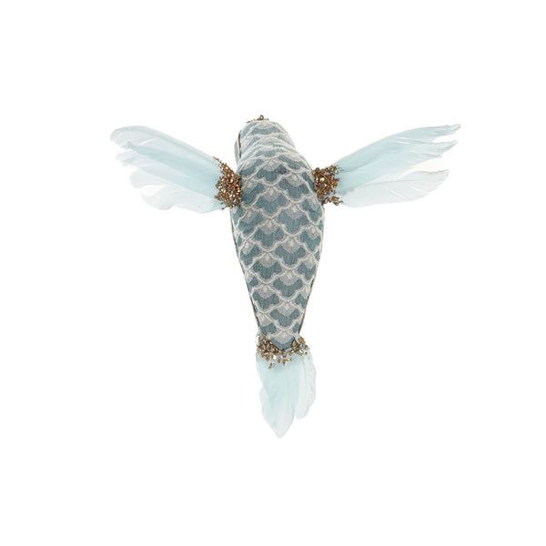 detalle colibrí navideño artesanal con brillos