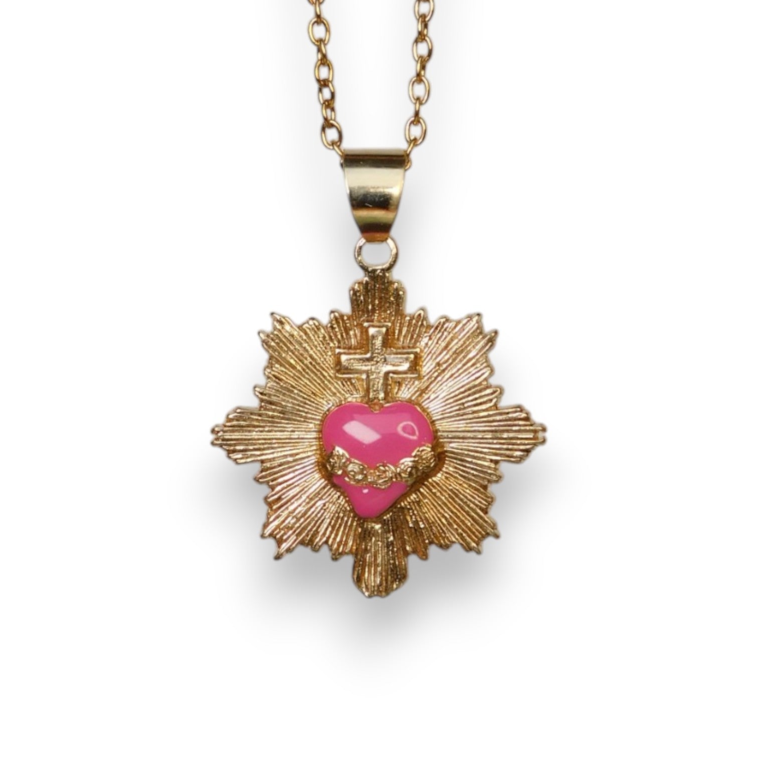 Colgante corazón radiante rosa y cruz