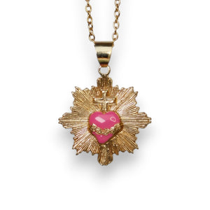 Colgante corazón radiante rosa y cruz