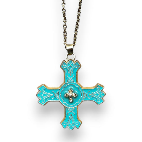 Colgante cruz artesanal mexicana azul con esmalte y relieve dorado
