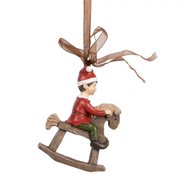 colgante decorativo de elfo navideño sobre caballo