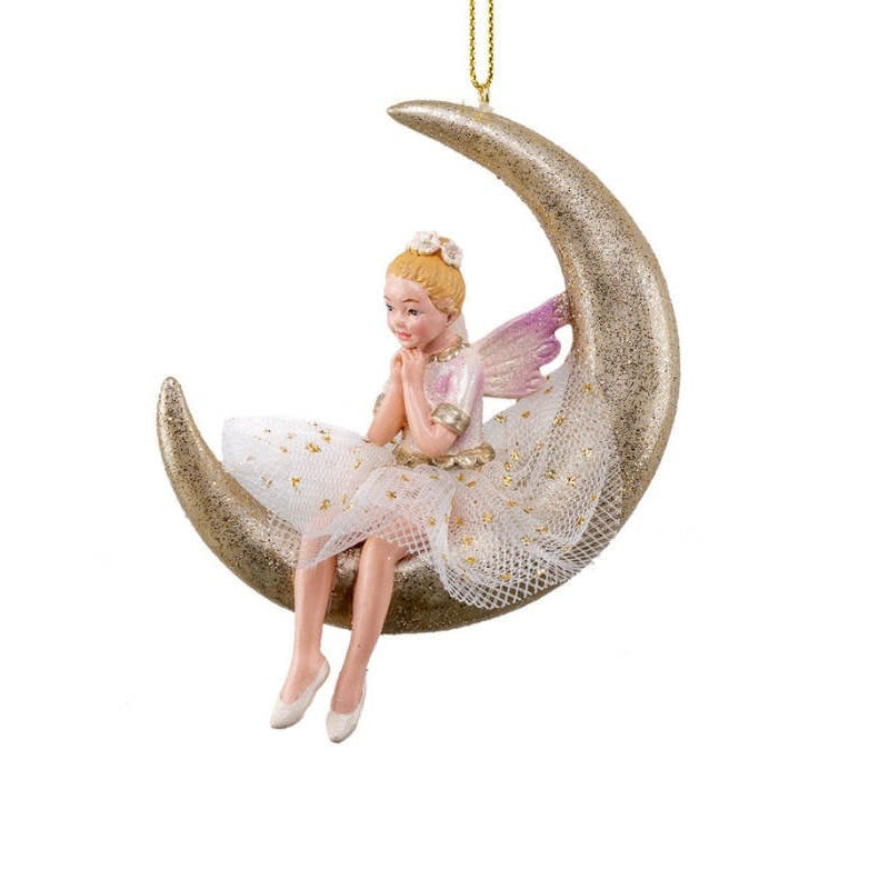 colgante navideño de hada sobre luna dorada brillante