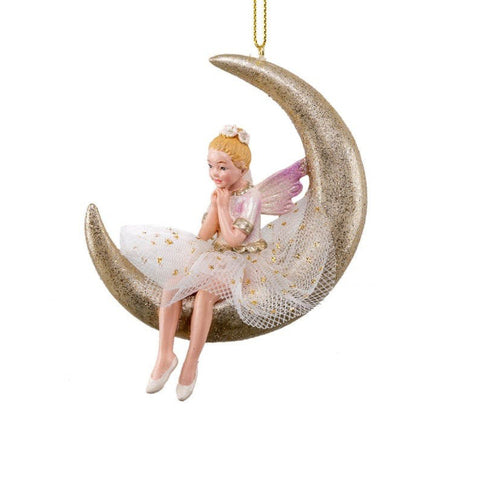 colgante navideño de hada sobre luna dorada brillante