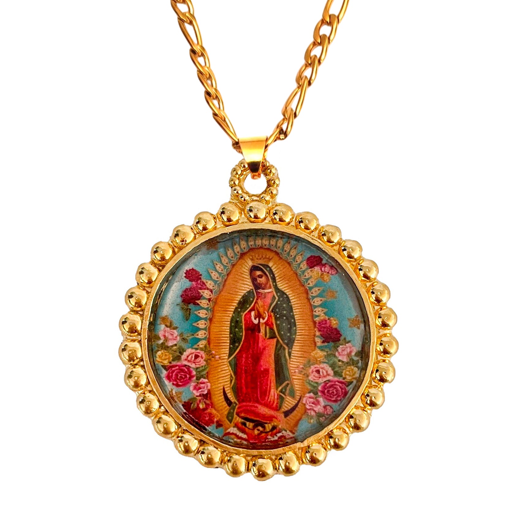 Colgante medallón dorado con imagen de la Virgen de Guadalupe – artesanía mexicana Brocantia