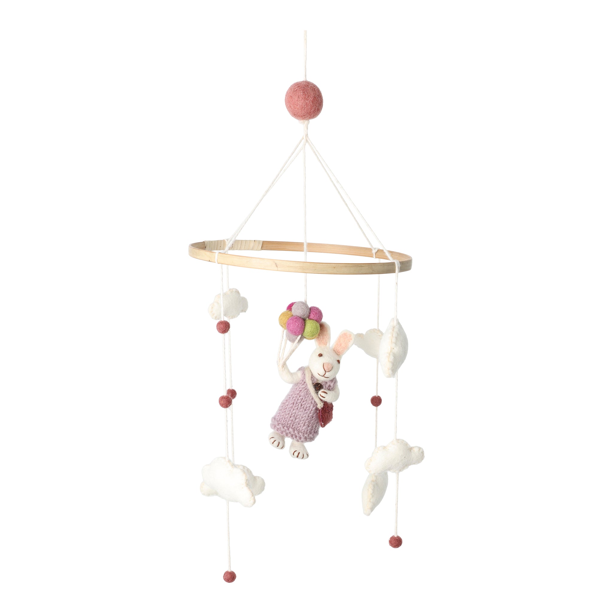 Móvil infantil de lana con conejita volando entre nubes y globos multicolor hecho a mano en Nepal.