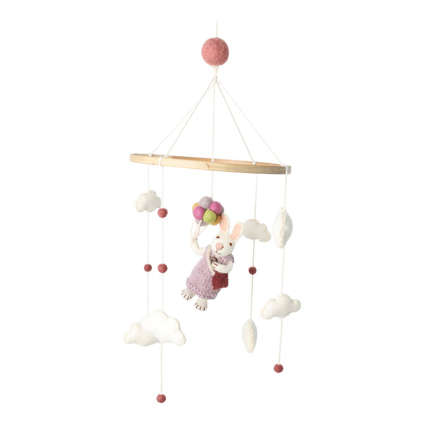 Colgante móvil decorativo de lana de Nueva Zelanda con figura de conejita y globos, diseño artesanal para habitación infantil.
