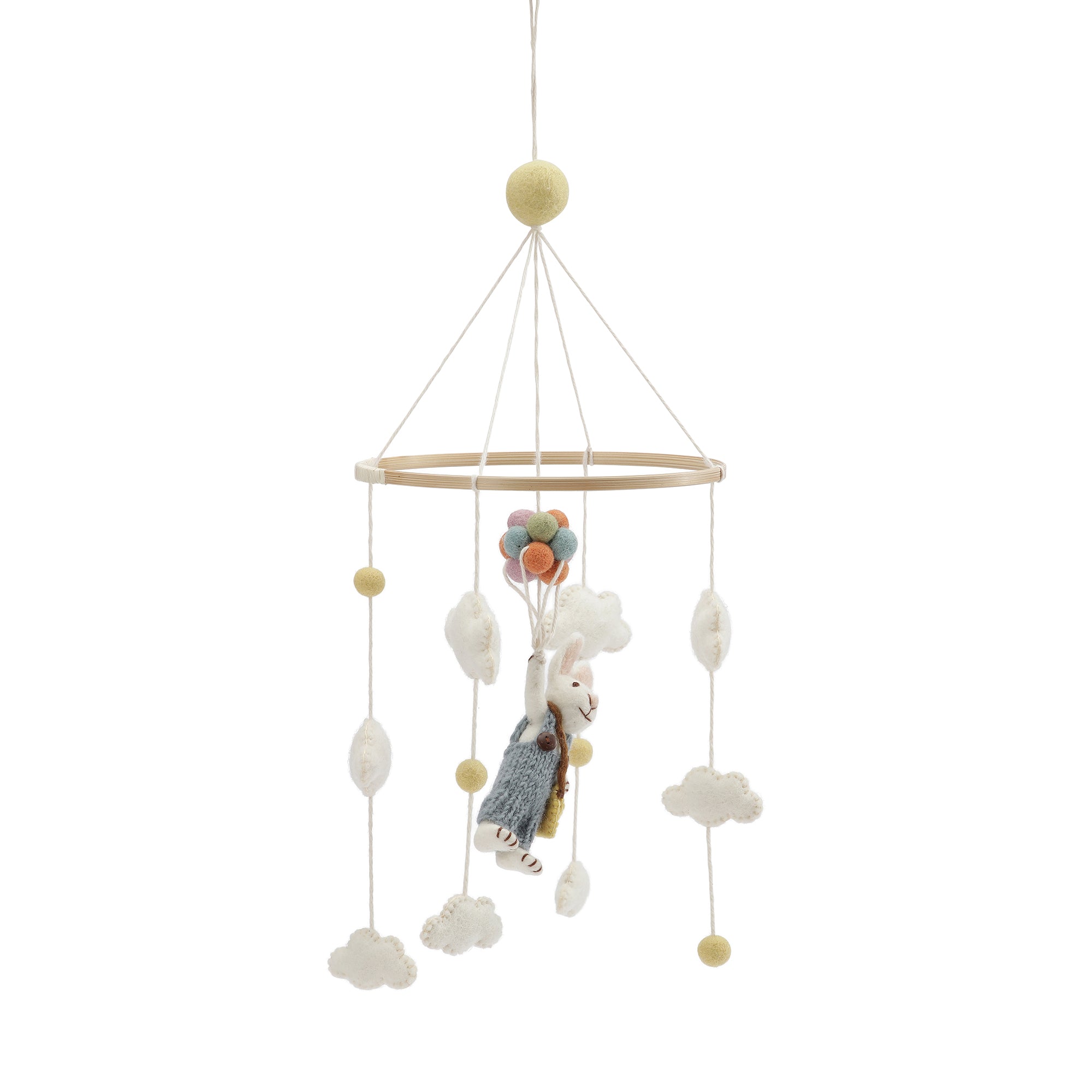 Móvil infantil artesanal con conejito y globos de lana de Nueva Zelanda, hecho a mano en Nepal, ideal para decoración de cunas y habitaciones de bebé.