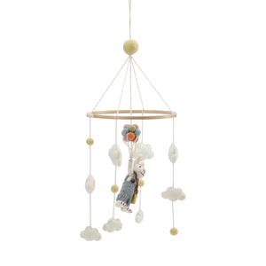 Móvil infantil artesanal con conejito y globos de lana de Nueva Zelanda, hecho a mano en Nepal, ideal para decoración de cunas y habitaciones de bebé.