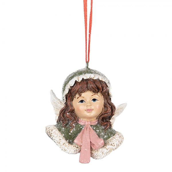 figura de ángel navideño con capucha verde y purpurina