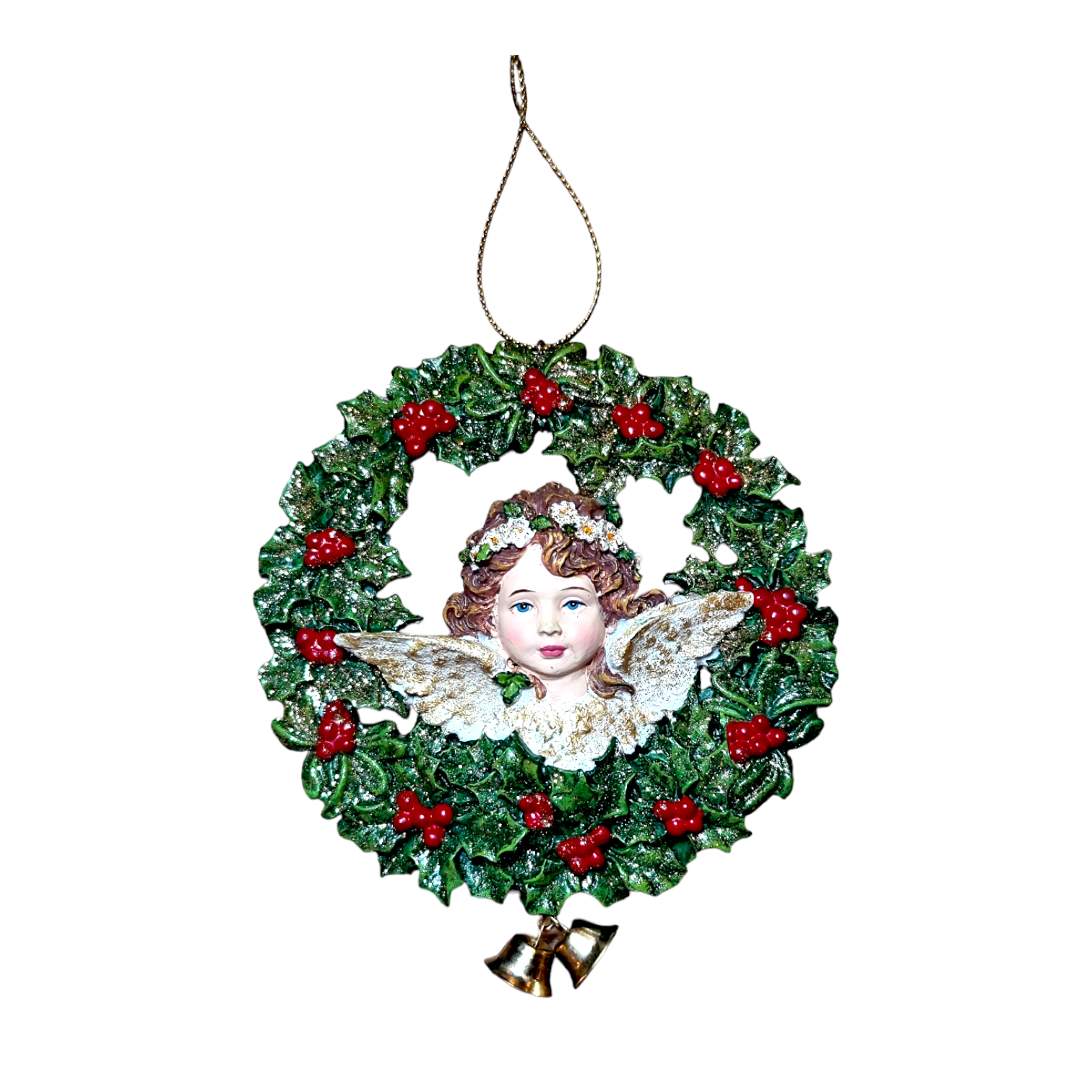 colgante navideño con corona de acebo y angelito