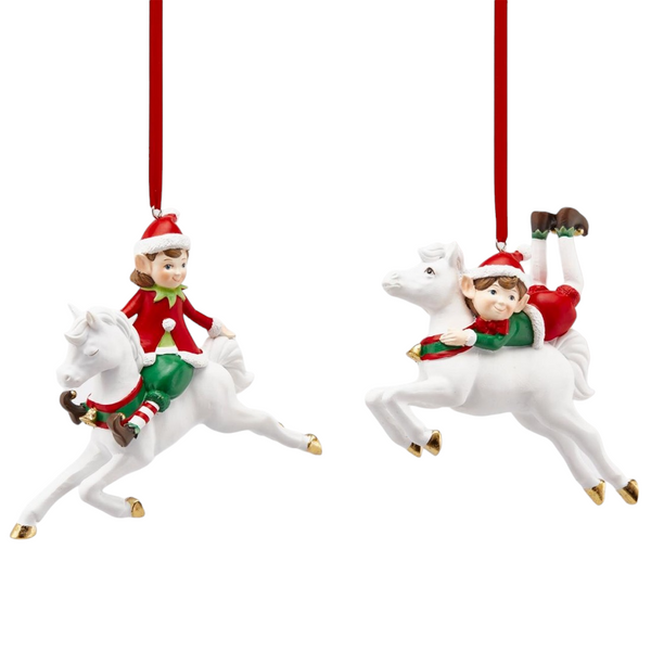 adorno navideño elfo a caballo blanco Brocantia