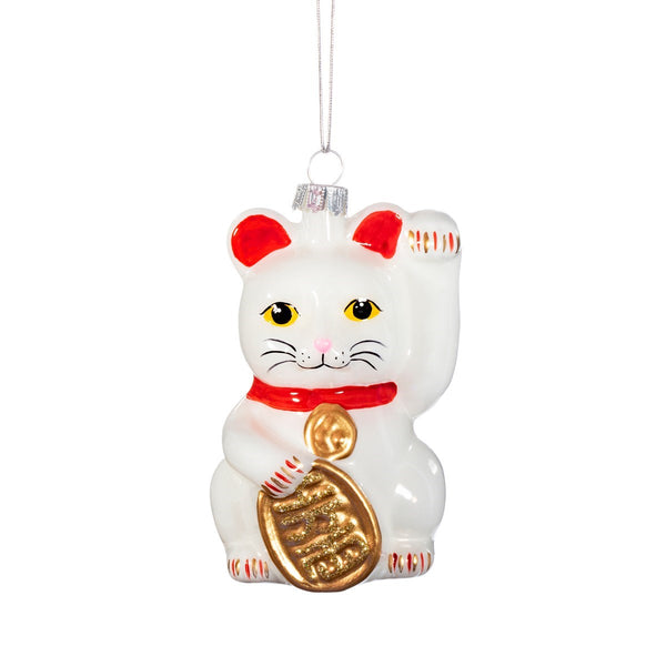adorno navideño Maneki-neko de cristal blanco