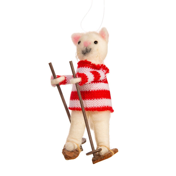 Gatito de fieltro esquiando con jersey navideño