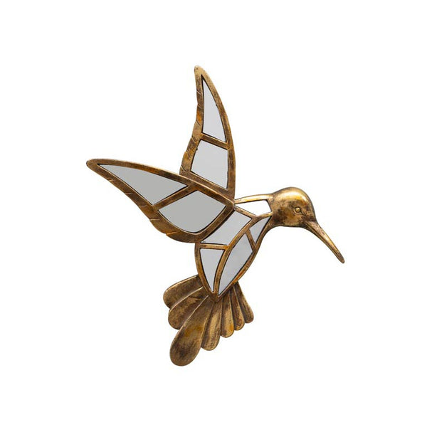Colibrí decorativo de pared dorado de resina con detalles de espejo