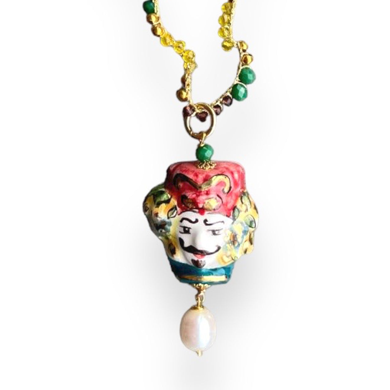 collar-artesanal-testa-di-moro-rey-con-perla-bisutería-siciliana-colorida-brocantia
