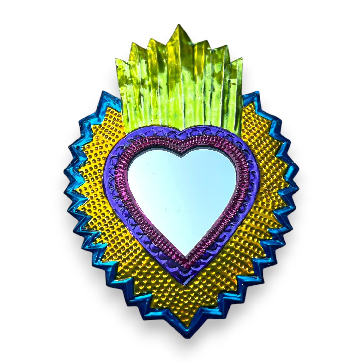Espejo ex-voto corazón metálico artesanal mexicano pintado a mano – Brocantia Oviedo