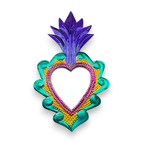 espejo corazón exvoto colorido hecho a mano en México con detalles vibrantes – Brocantia decoración singular