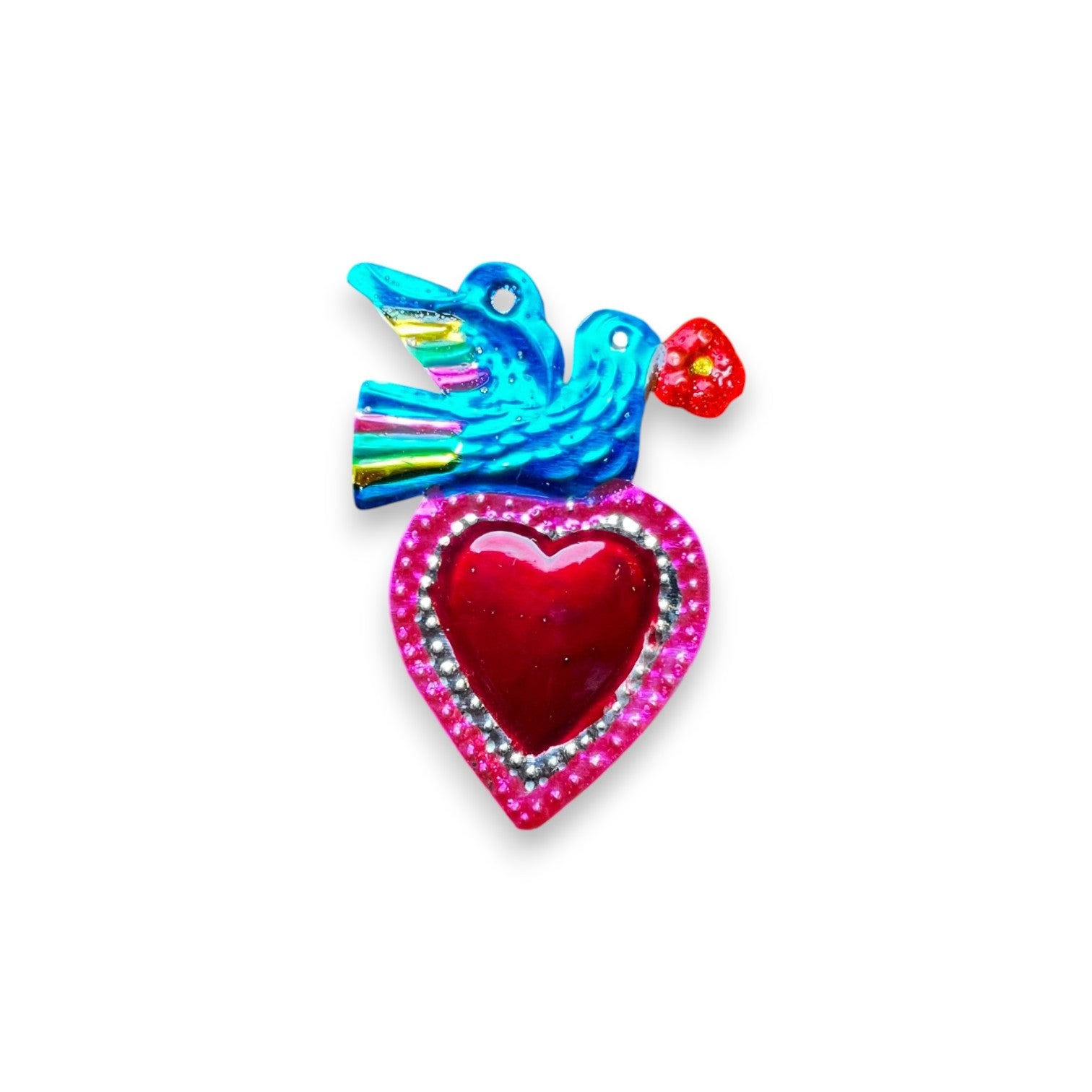 Corazón exvoto mexicano con pájaro azul en metal gofrado – Brocantia tienda de decoración y regalos singulares en Oviedo