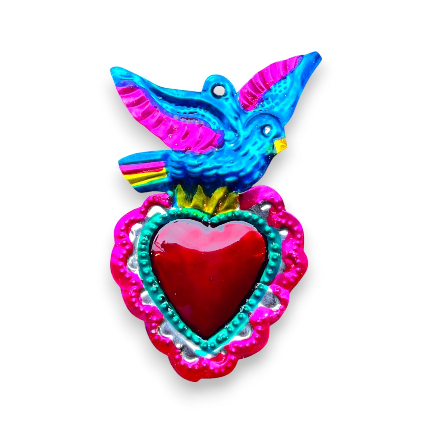 Corazón pájaro exvoto metal gofrado mediano – Artesanía mexicana colorida en Brocantia tienda de decoración y regalos singulares en Oviedo