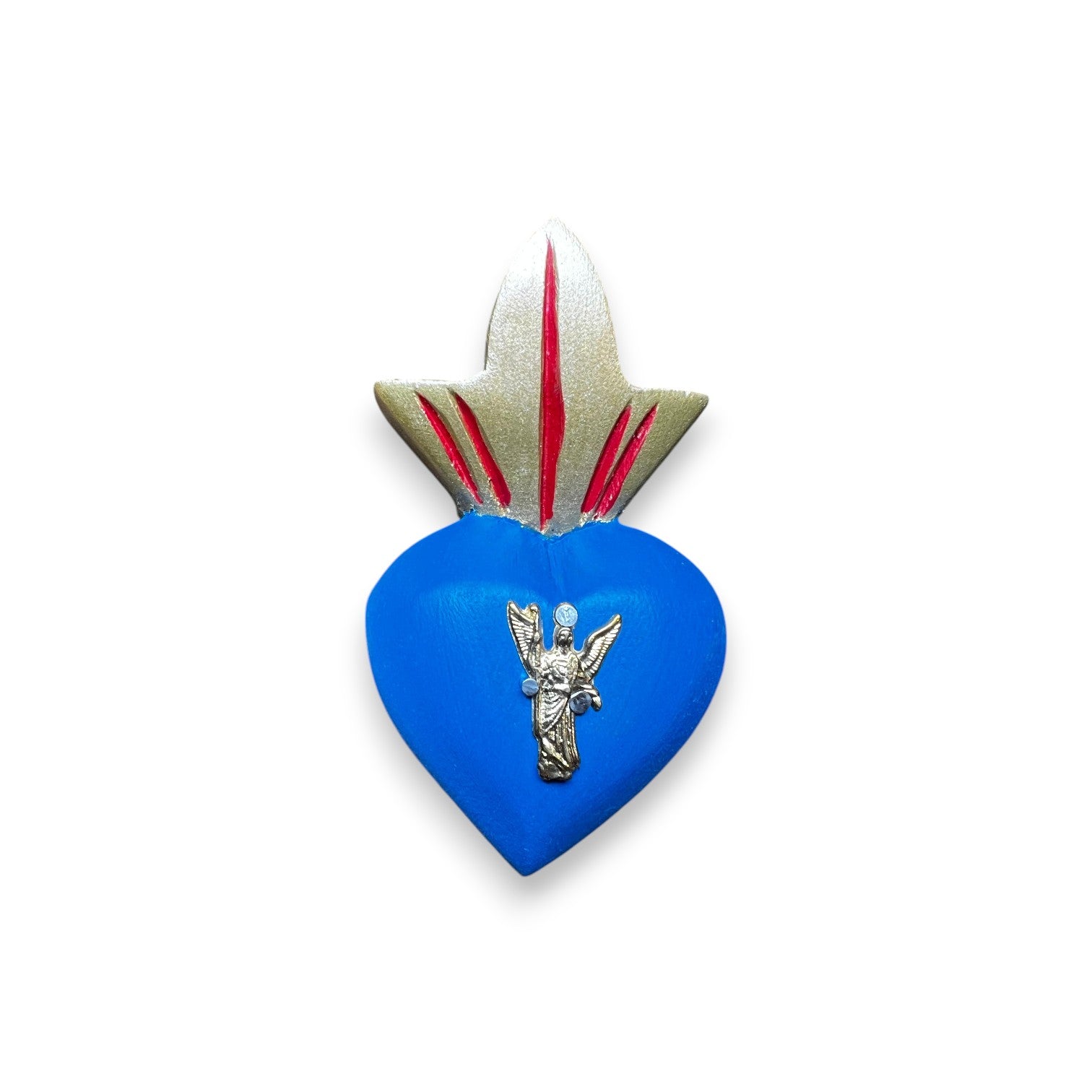 corazón ex voto azul con ángel metálico y llamas doradas artesanía mexicana Brocantia