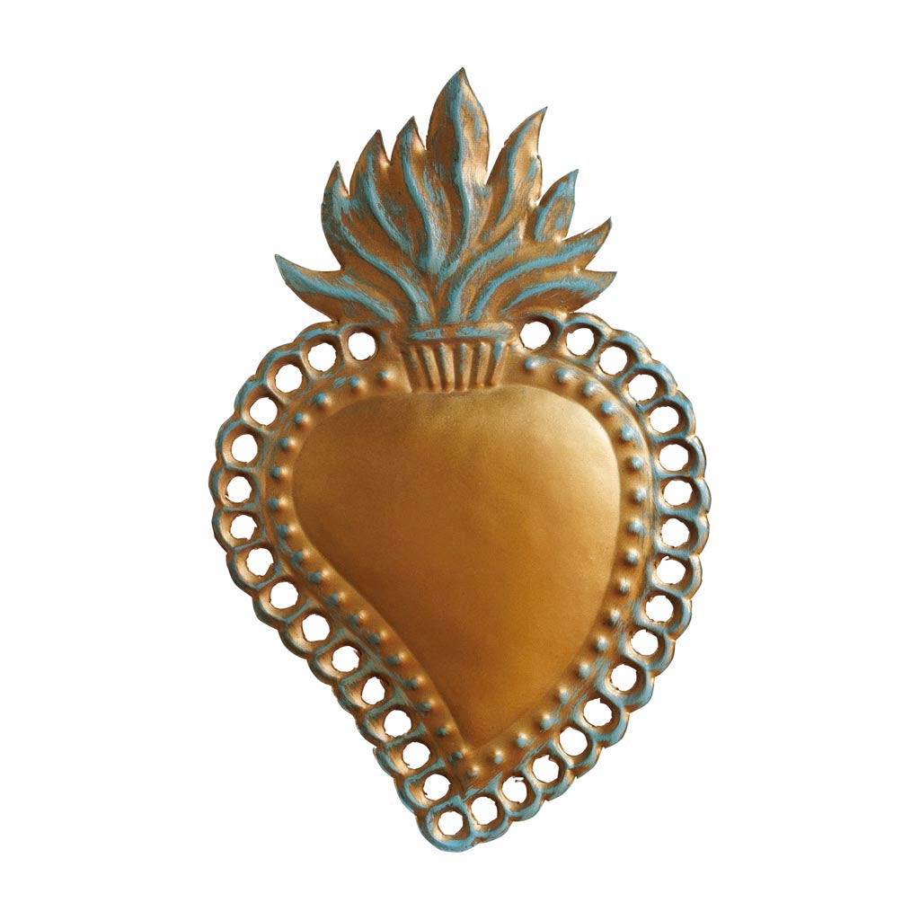 Corazón ex voto dorado y verde