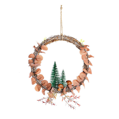 corona navideña con luces LED y hojas marrones