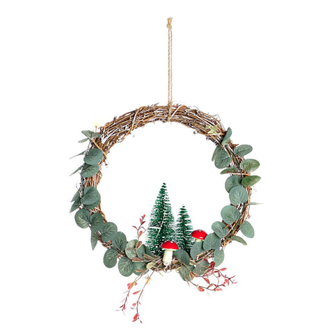 corona navideña con luces LED, eucalipto y abetos nevados